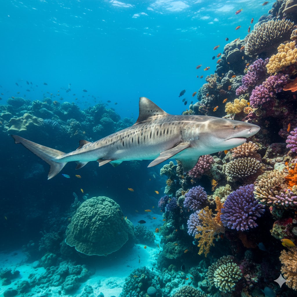 Majestic tiger shark swimming along a vibrant coral wall, dappled sunlight creating patterns on the reef, tropical fish in background